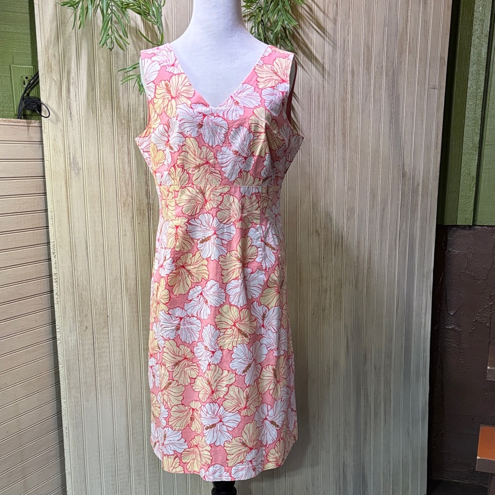 Izod Pink & White Tropical Hibiscus Floral Midi Shift Dress, V-neck, Medium, EUC
